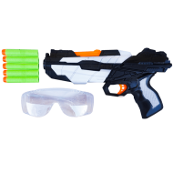 Pistol de jucarie cu ochelari de protectie, sageti din burete si raza lunga de actiune
